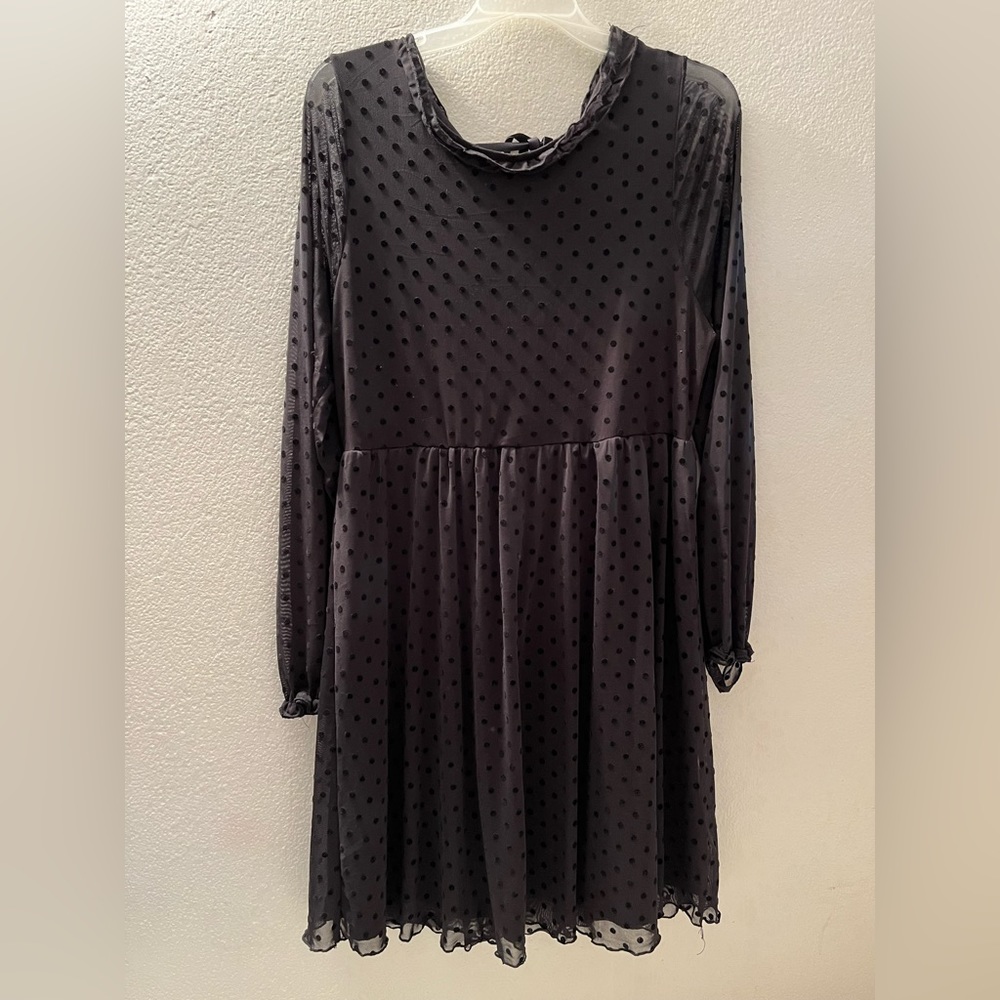 Black long sleeve polka dot mesh dress.